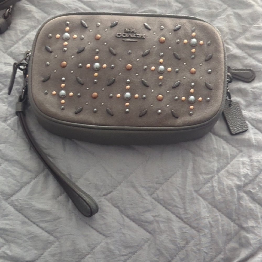 Coach Dk Heather Grey Bead & Stud Wristlet with Pearl Accents